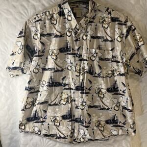 Crossings-beige Floral Sail Boat Hawaiian Shirt Size 2XL XXL Preowned Excellent